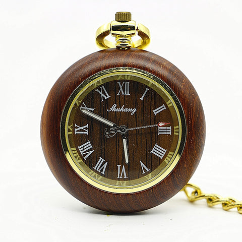 Red Wood Mechanical Pocket Watch